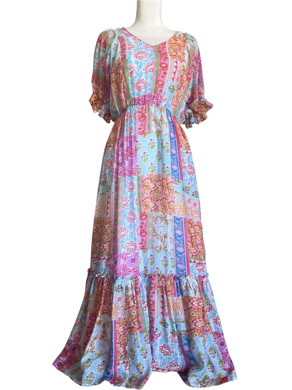 Patchwork Floral Maxi Dress in Pink & Blue